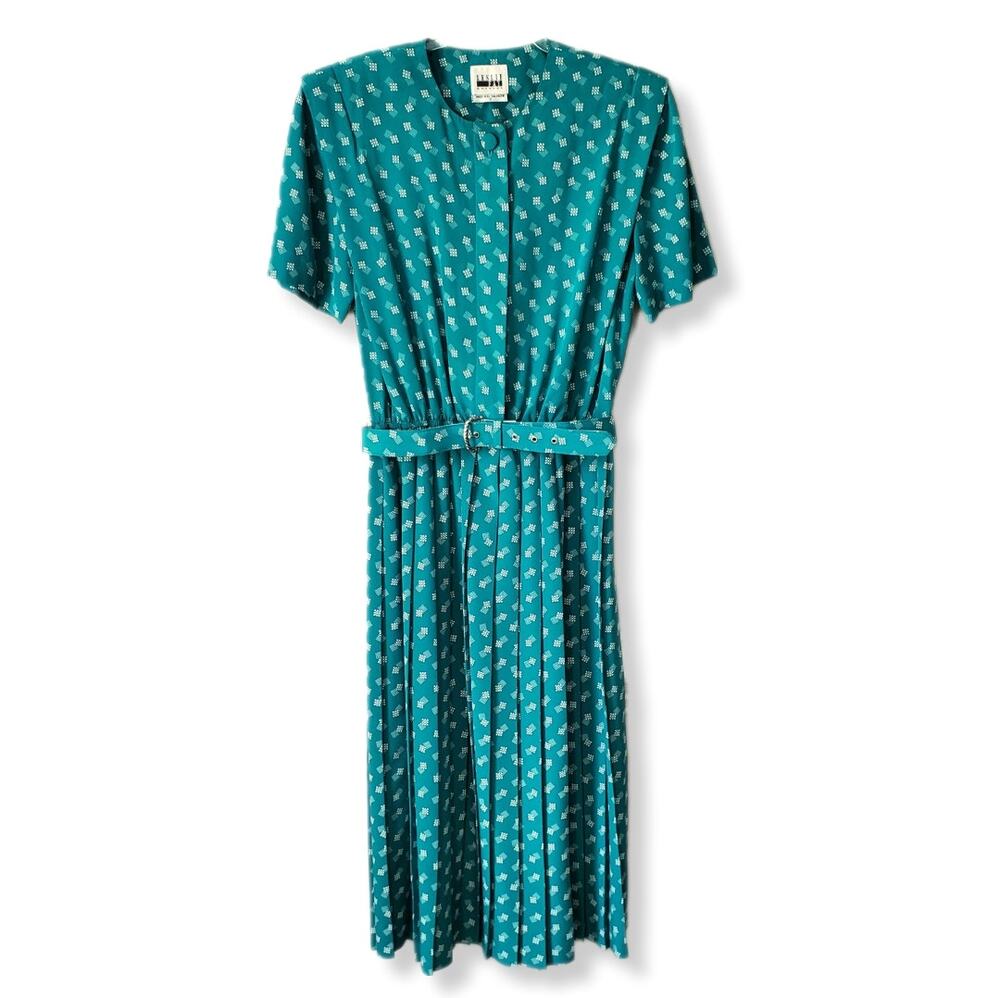 VTG 80s Leslie Fay Teal Print Midi Shirt Dress M Belt Pleat Skirt Retro Career